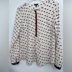 Talbots M 8 natuical Flag Print Red Navy blue Blouse Long Sleeve NWOT